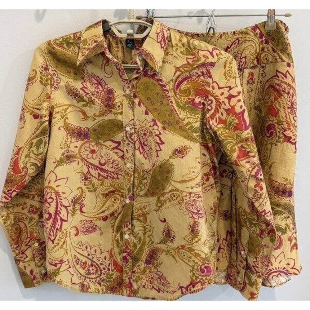 Lauren Ralph Lauren Petite Vtg Linen Skirt Cotton Button Front Shirt Set M 6